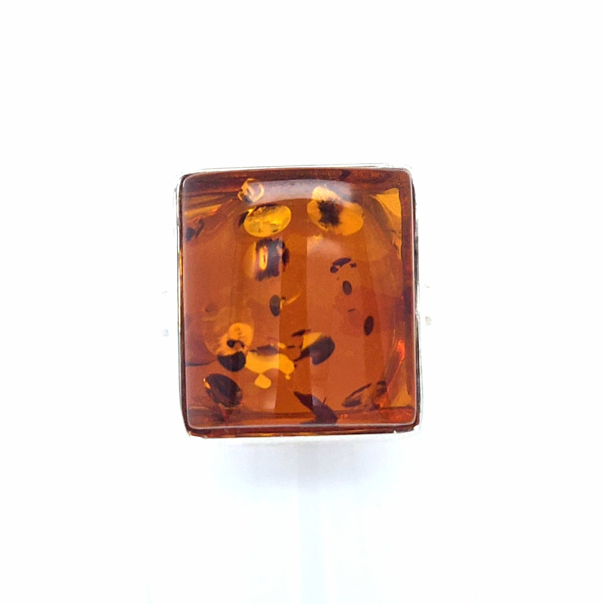 Geometrischer Silberring Unikat – Offener Kissen-Ring mit Bernstein in warmem Orange