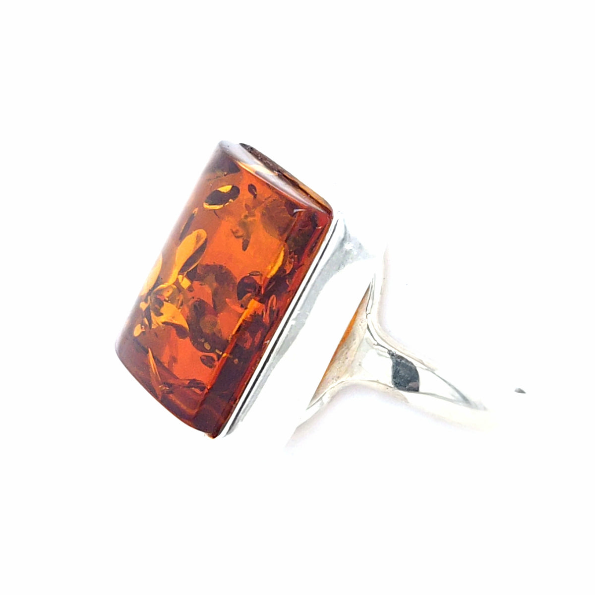 Geometrischer Silberring Unikat – Offener Kissen-Ring mit Bernstein in warmem Orange