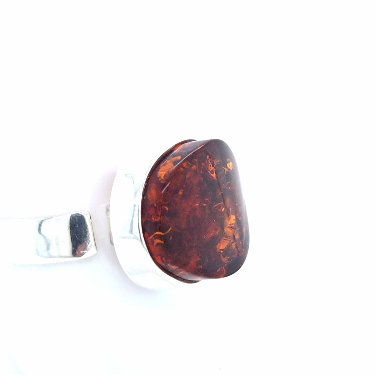 Flacher Designer-Silberring Unikat – Offener Oval-Ring mit Bernstein in tiefem Orange