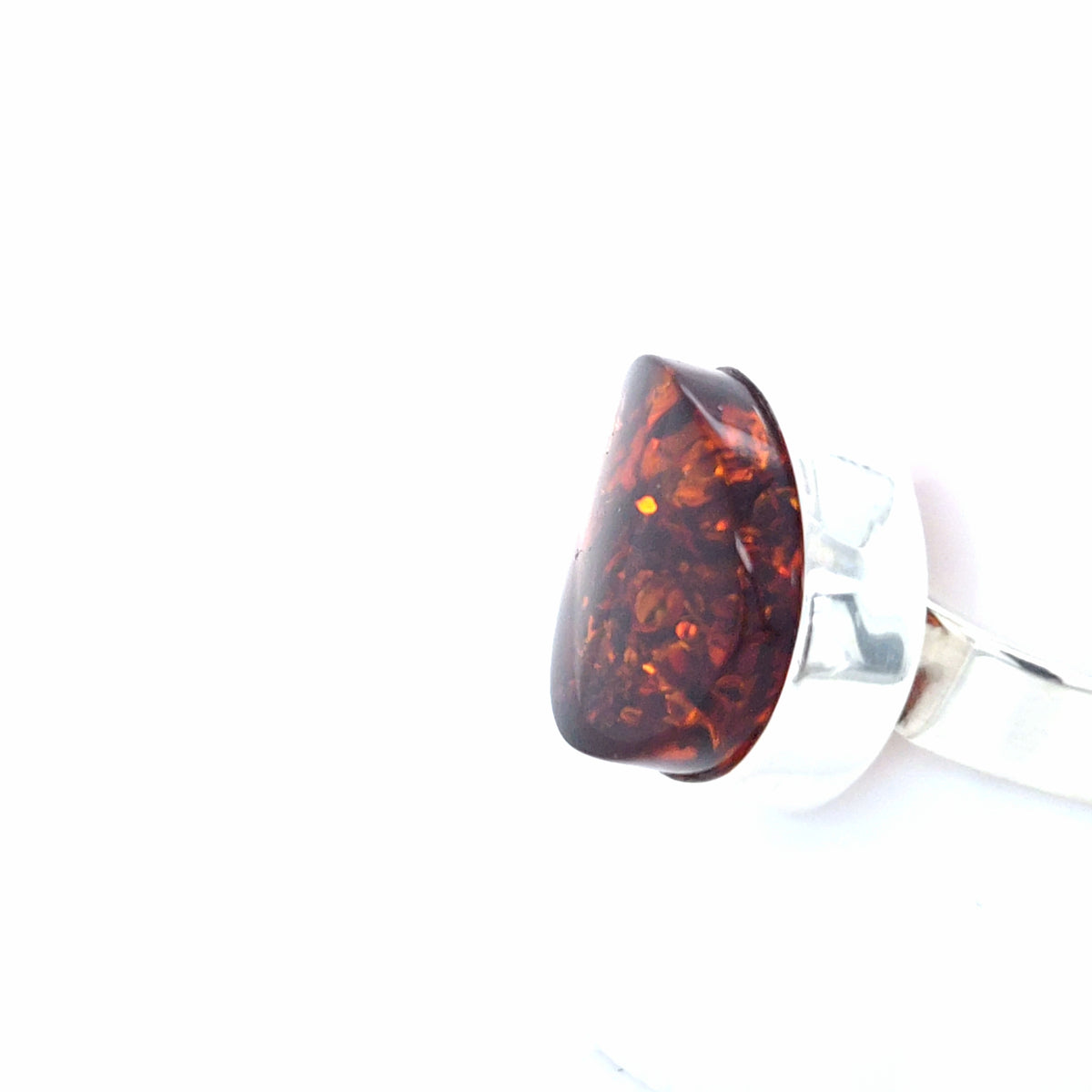 Flacher Designer-Silberring Unikat – Offener Oval-Ring mit Bernstein in tiefem Orange