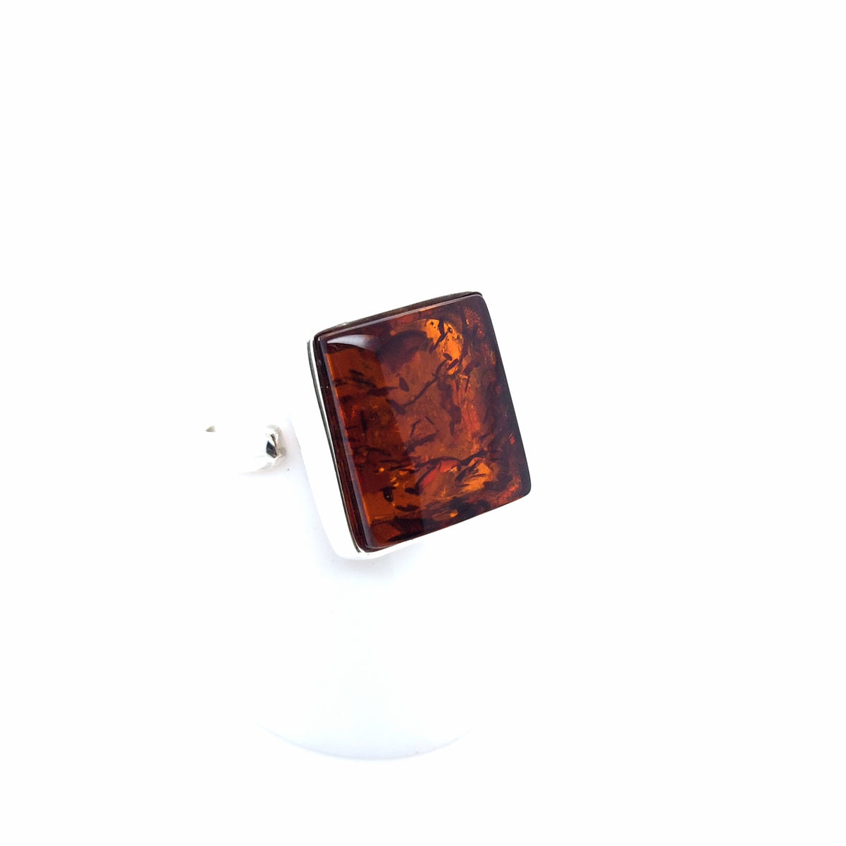 Quadratischer Bernsteinring aus 925er Silber – Orange, Unikat, verstellbar