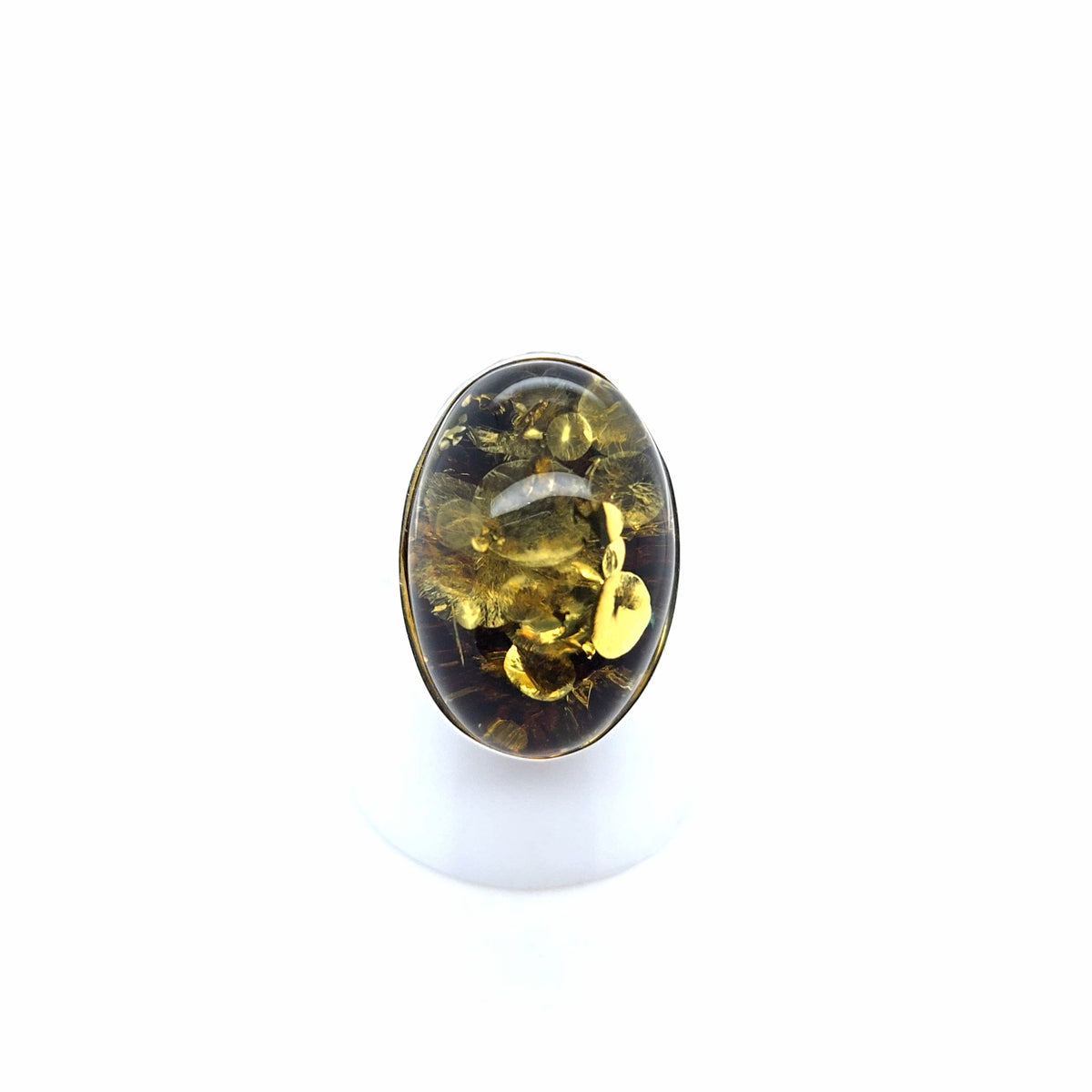 Grüner Bernsteinring mit Glitzer-Einschlüssen, 925er Silber – oval, verstellbar