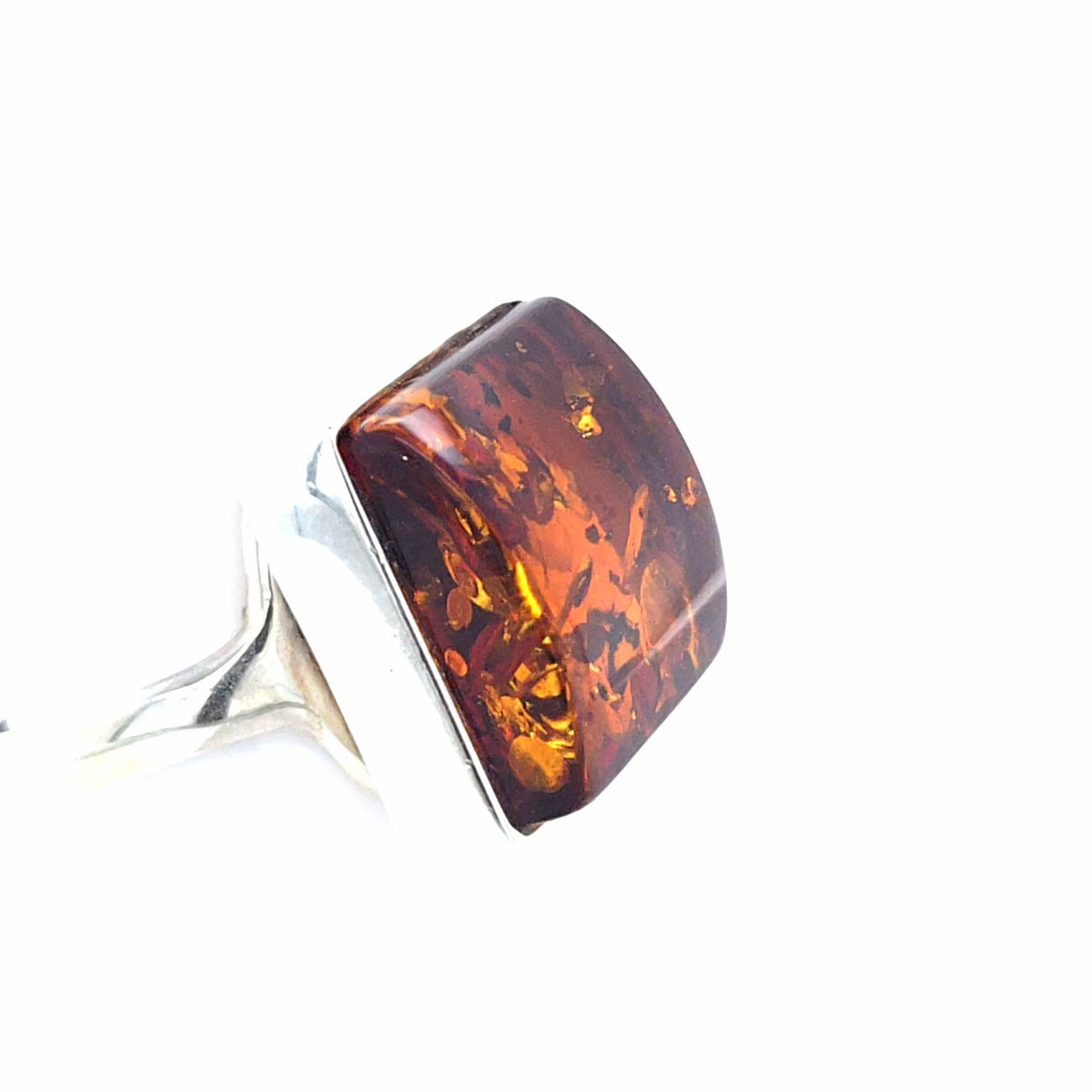 Geometrischer Silberring Unikat – Offener quadratischer Ring mit Bernstein in warmem Orange