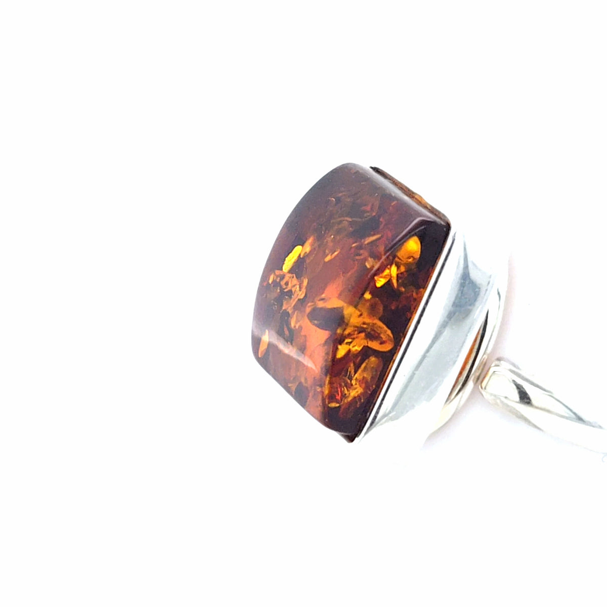 Geometrischer Silberring Unikat – Offener quadratischer Ring mit Bernstein in warmem Orange