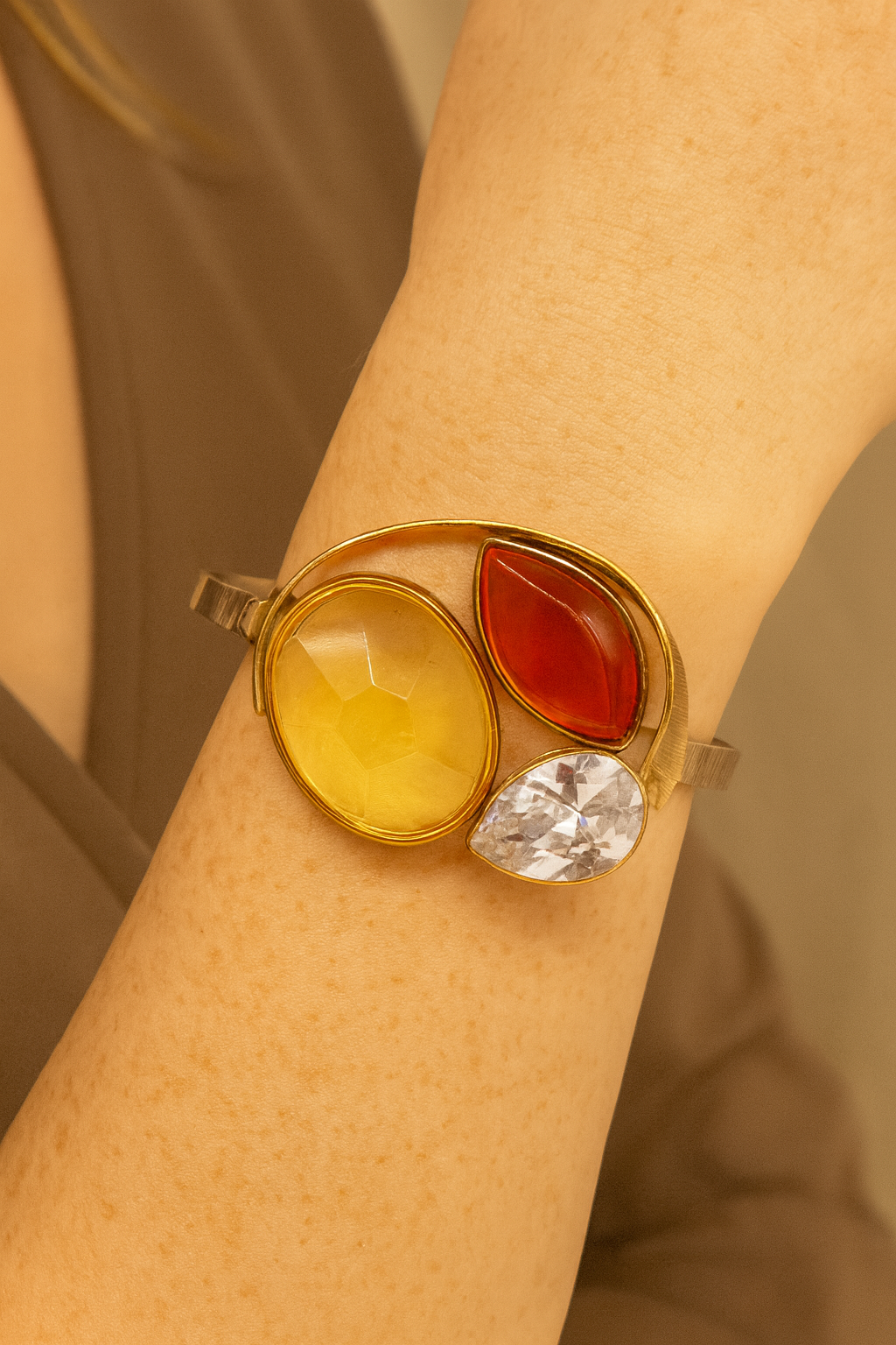 Luxus-Armspange: Echter Bernstein & Zirkonia, 24k doppelt vergoldet