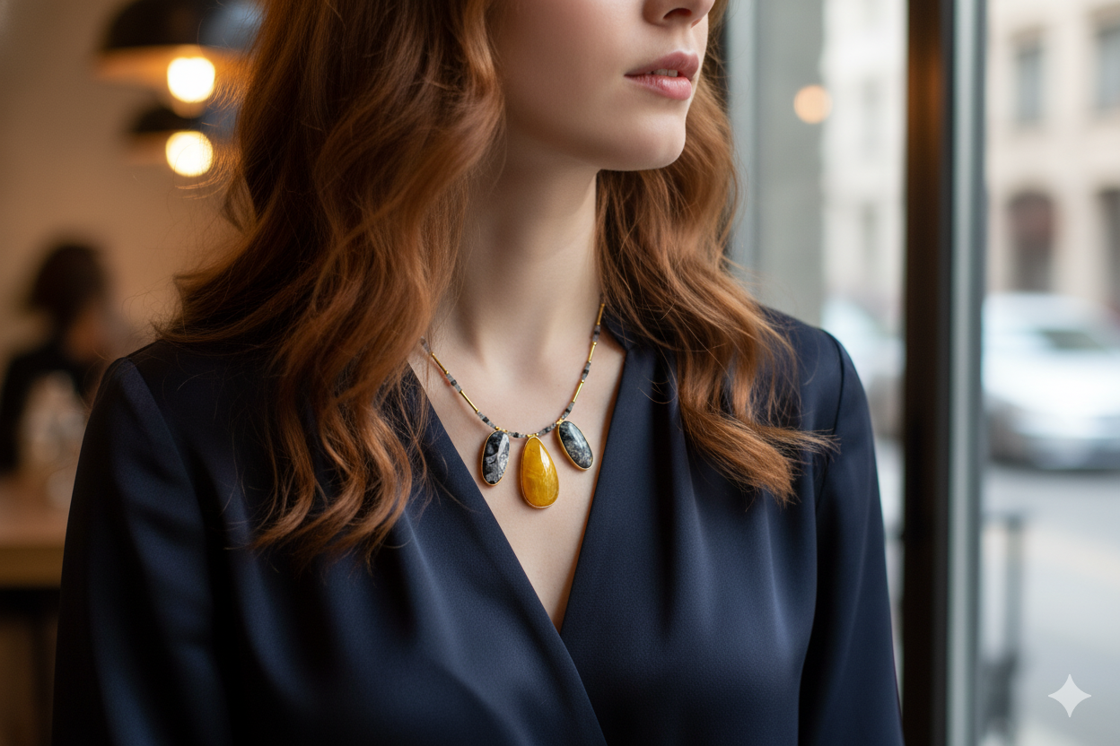 Buy a chic necklace with amber and gemstones