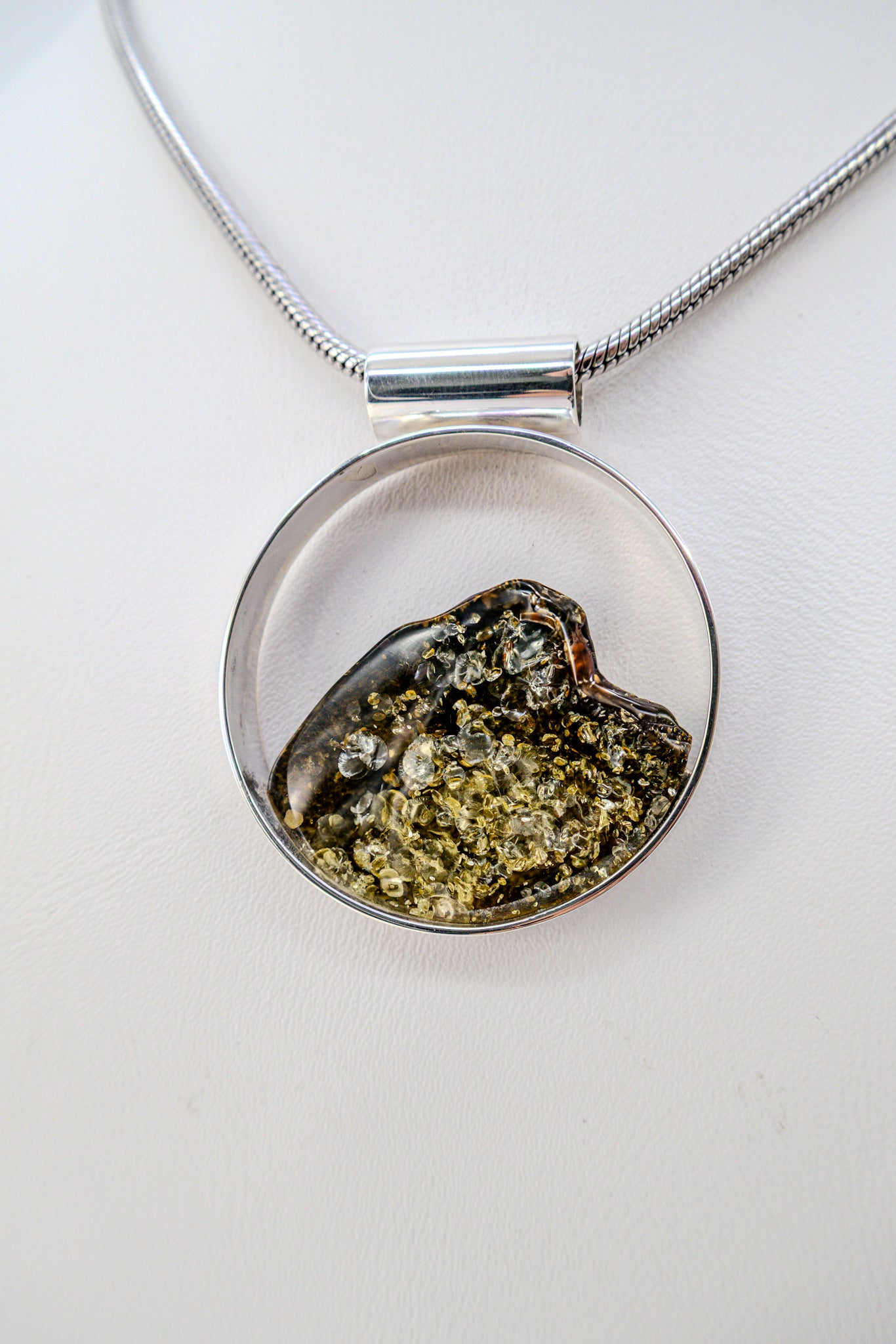 Unique jewelry – round amber pendant silver