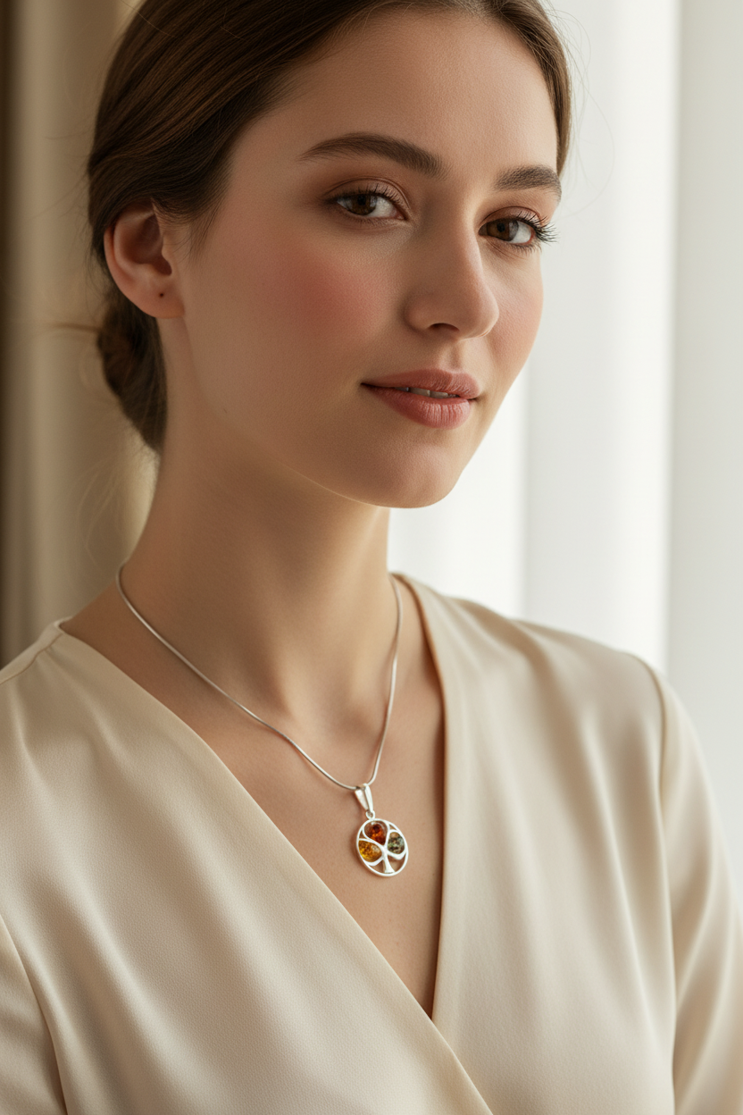 Pendentif arbre de vie avec véritable ambre