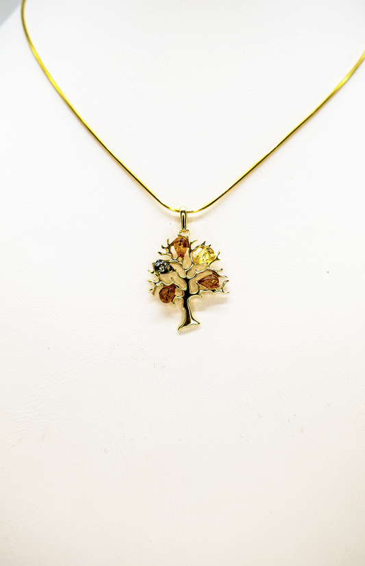 Schmuck Geschenkidee – Bernstein Baum des Lebens vergoldet