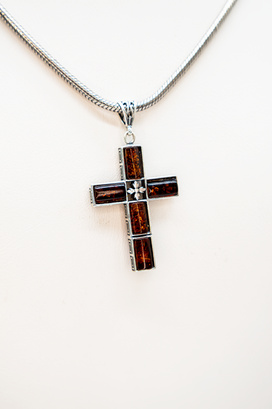 Unisex Kreuz Anhänger Silber mit Bernstein