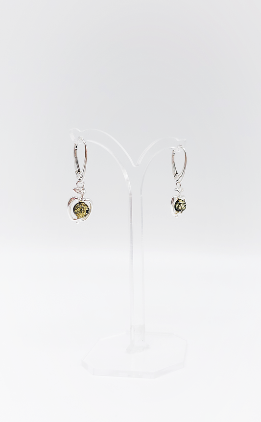 Apple-shaped silver and amber earrings