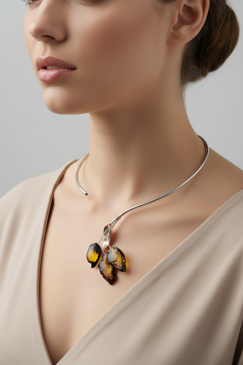 Exclusief design: zilveren collier met barnsteen