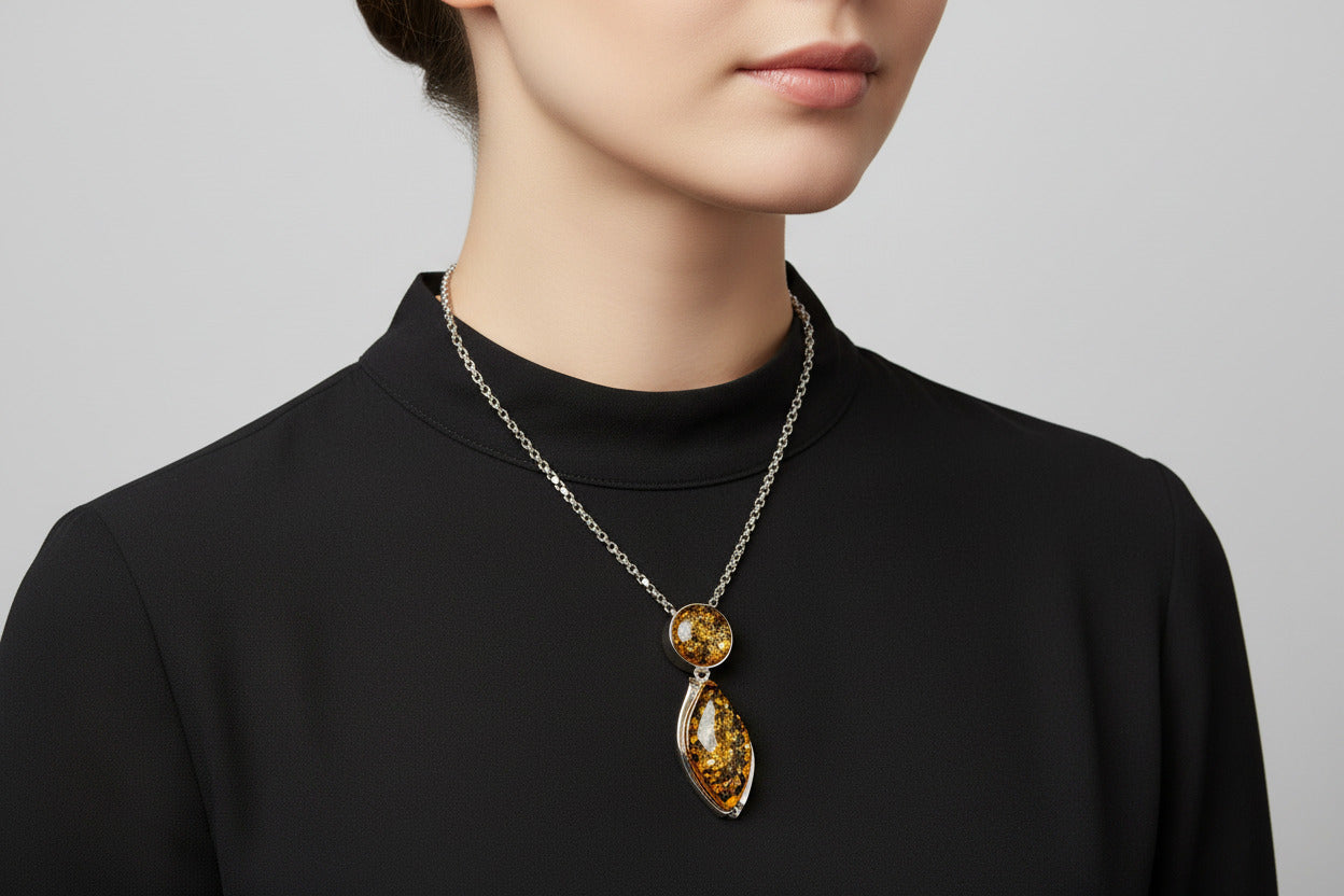 Zweiteiliger Bernstein Anhänger aus 925 Silber für Damen