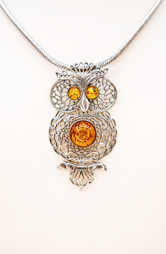 Unique owl pendant – silver &amp; amber design