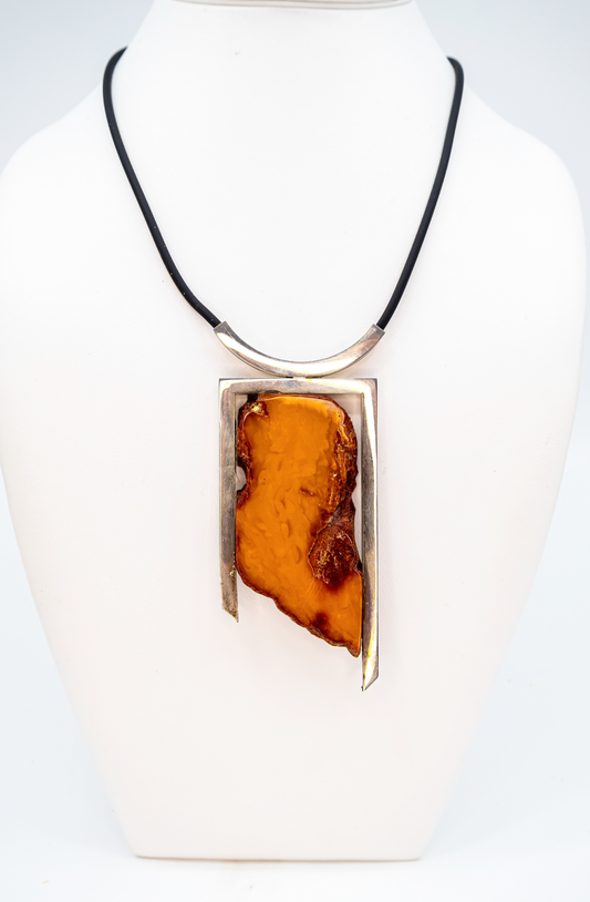 Modern amber pendant unique silver