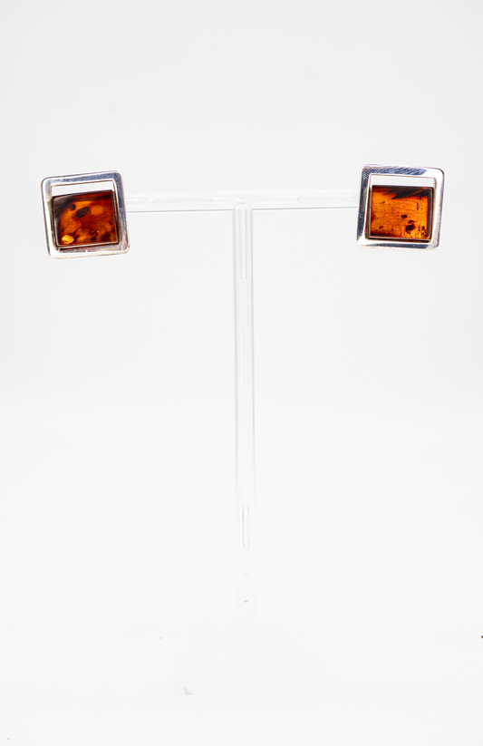 Quadratische Bernstein Ohrstecker – 925 Silber Unikate