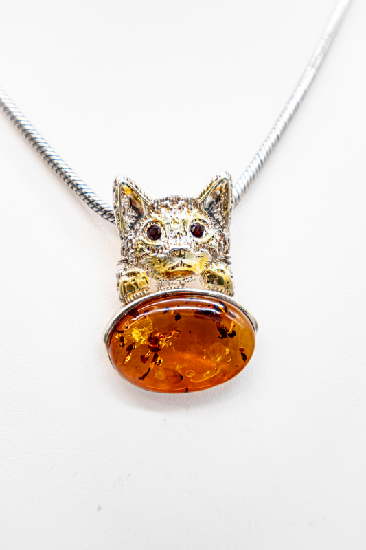 Edler Katzen Anhänger – Silber mit Gold und Bernstein