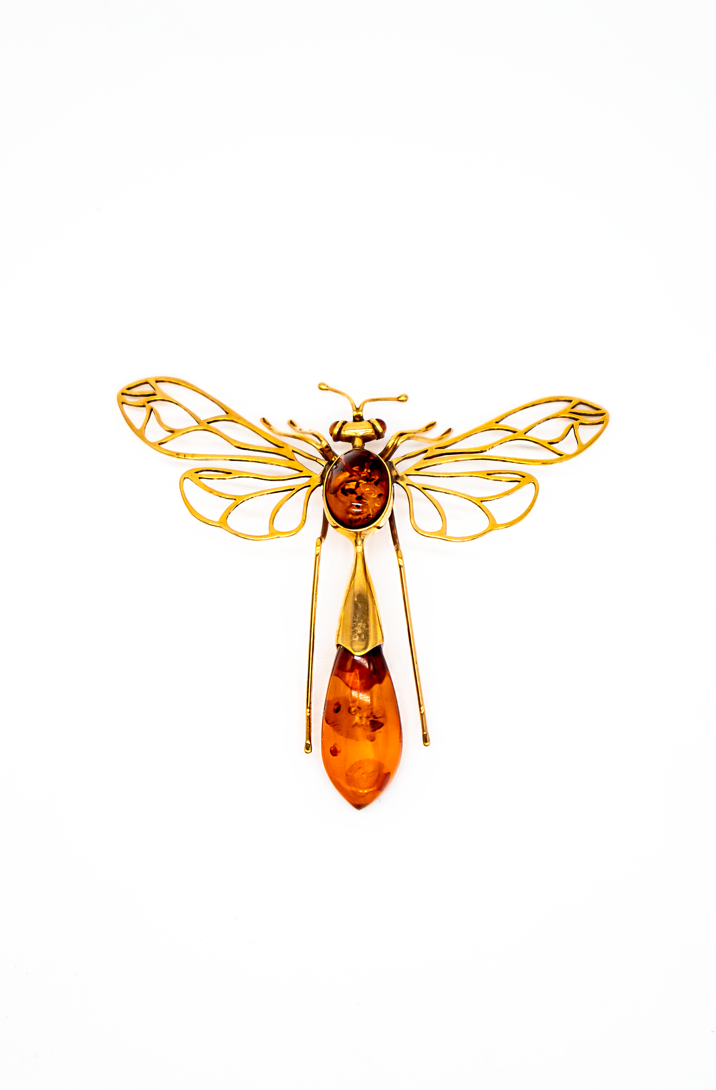 Vergoldete Silberbrosche – Libelle mit echtem Bernstein