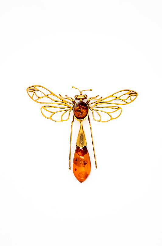 Vergoldete Silberbrosche – Libelle mit echtem Bernstein