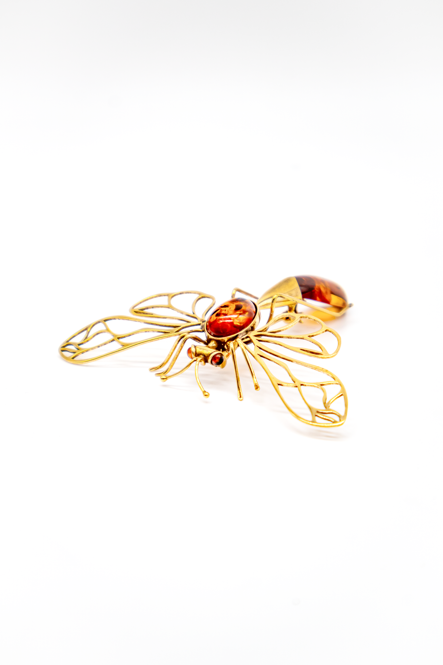 Vergoldete Silberbrosche – Libelle mit echtem Bernstein