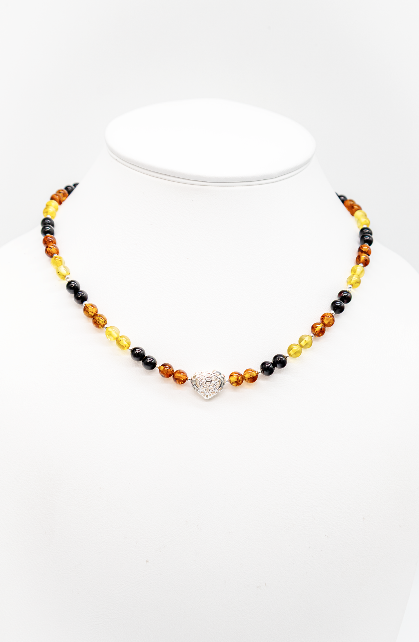 Bernstein Collier mit Herz – 925 Silber & bunte Kugeln