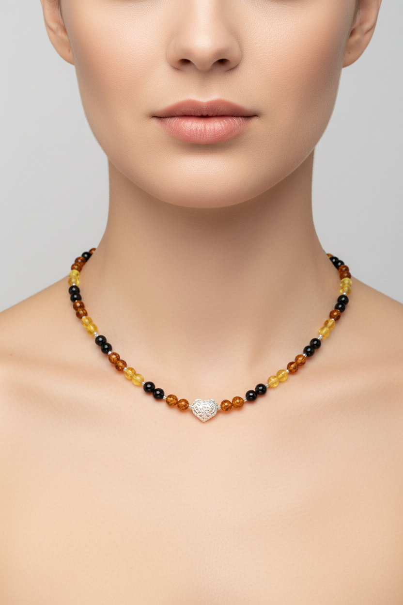 Collier en ambre avec cœur – argent 925 et perles colorées