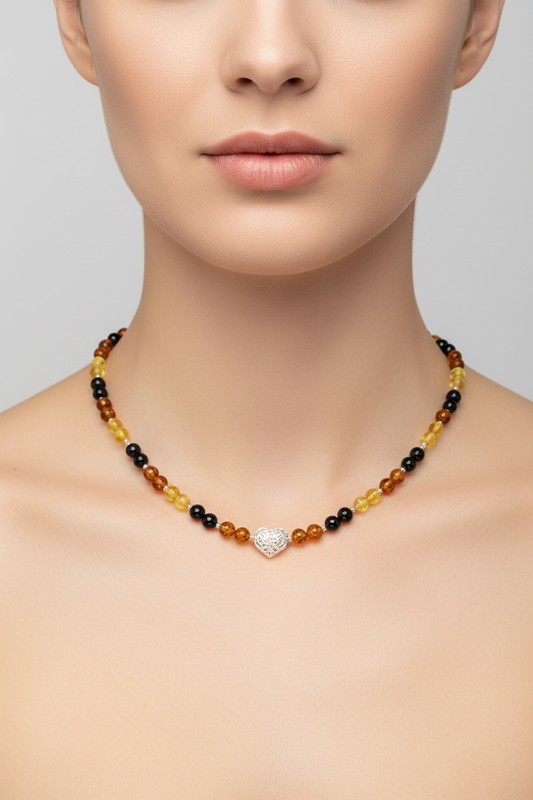 Bernstein Collier mit Herz – 925 Silber & bunte Kugeln