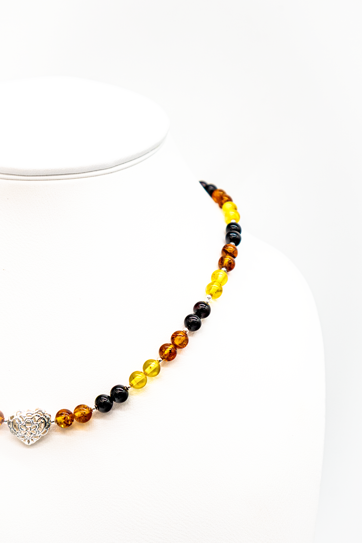 Bernstein Collier mit Herz – 925 Silber & bunte Kugeln