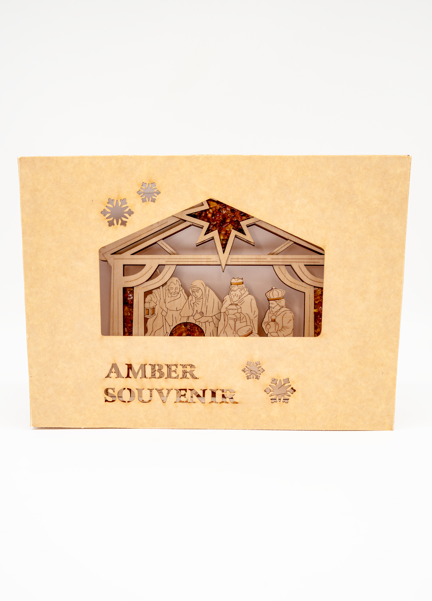 Weihnachtskrippe aus Holz: Heilige Familie mit echtem Bernstein