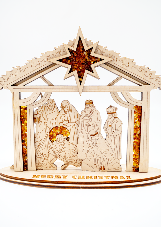 Weihnachtskrippe aus Holz: Heilige Familie mit echtem Bernstein