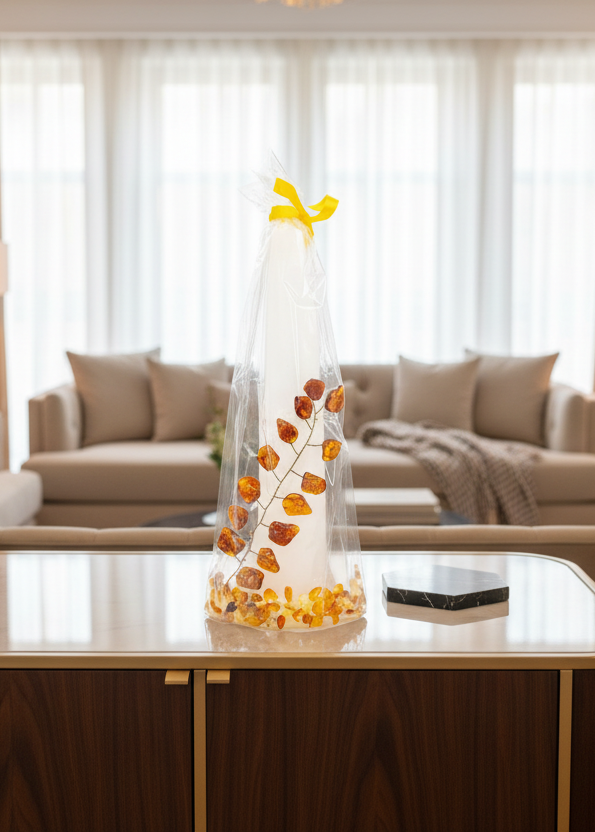 Gift candle in foil: Yellow pyramid with amber tree