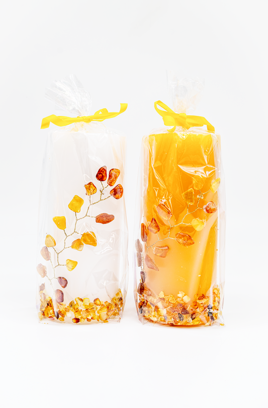 Geschenkidee Kerze: Facettierte Form mit Bernstein-Bäumchen