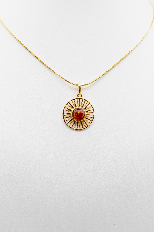 "Sun" pendant made of amber: 24 karat gold plated