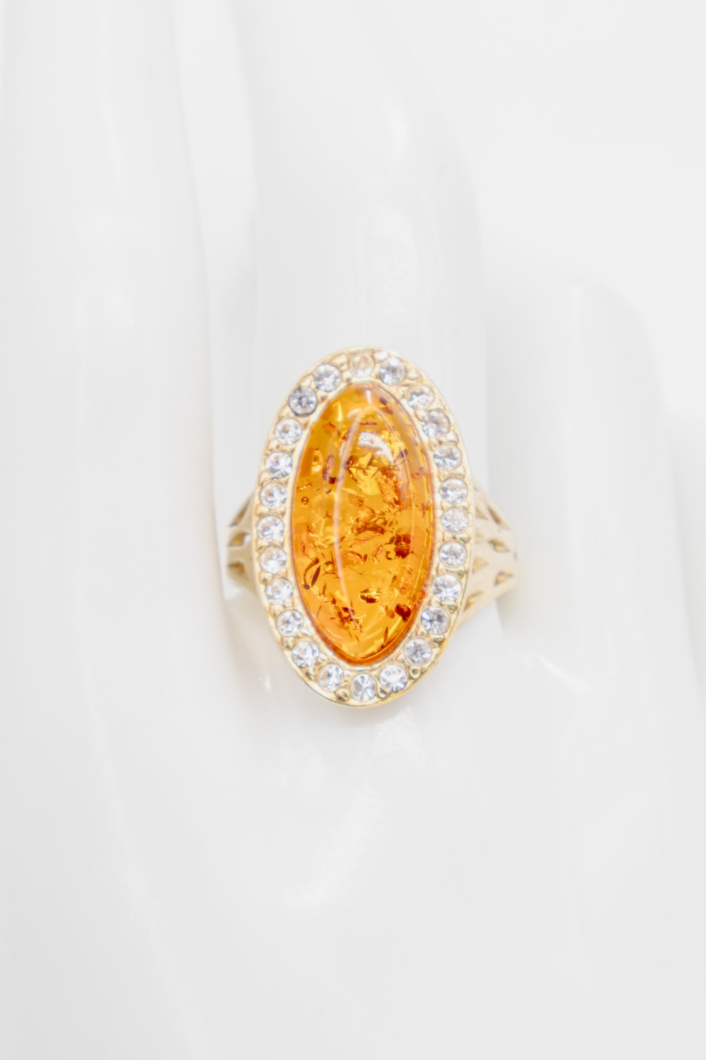 Statement ring with genuine amber and cubic zirconia