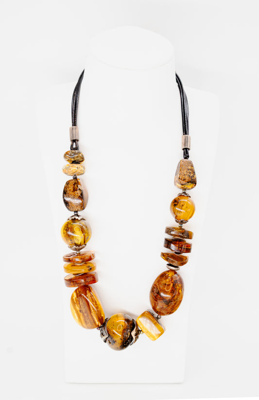 Vintage Bernstein Collier aus Leder mit Silber – Unikat