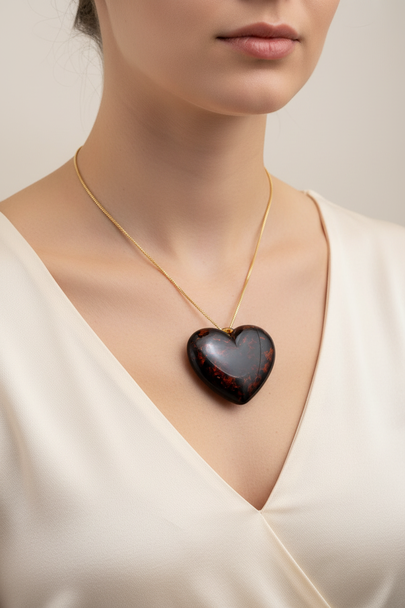 Barnsteen hart hanger met zilveren ketting – Uniek