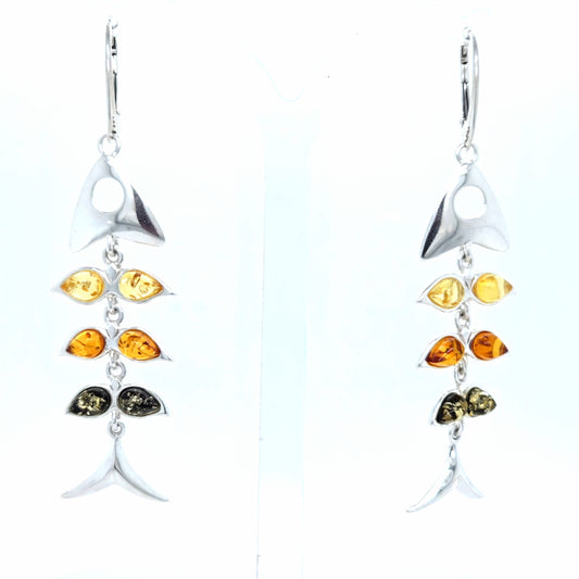 Moderne Statement Ohrringe Silber 925 mit Naturbernstein Fisch-Motiv