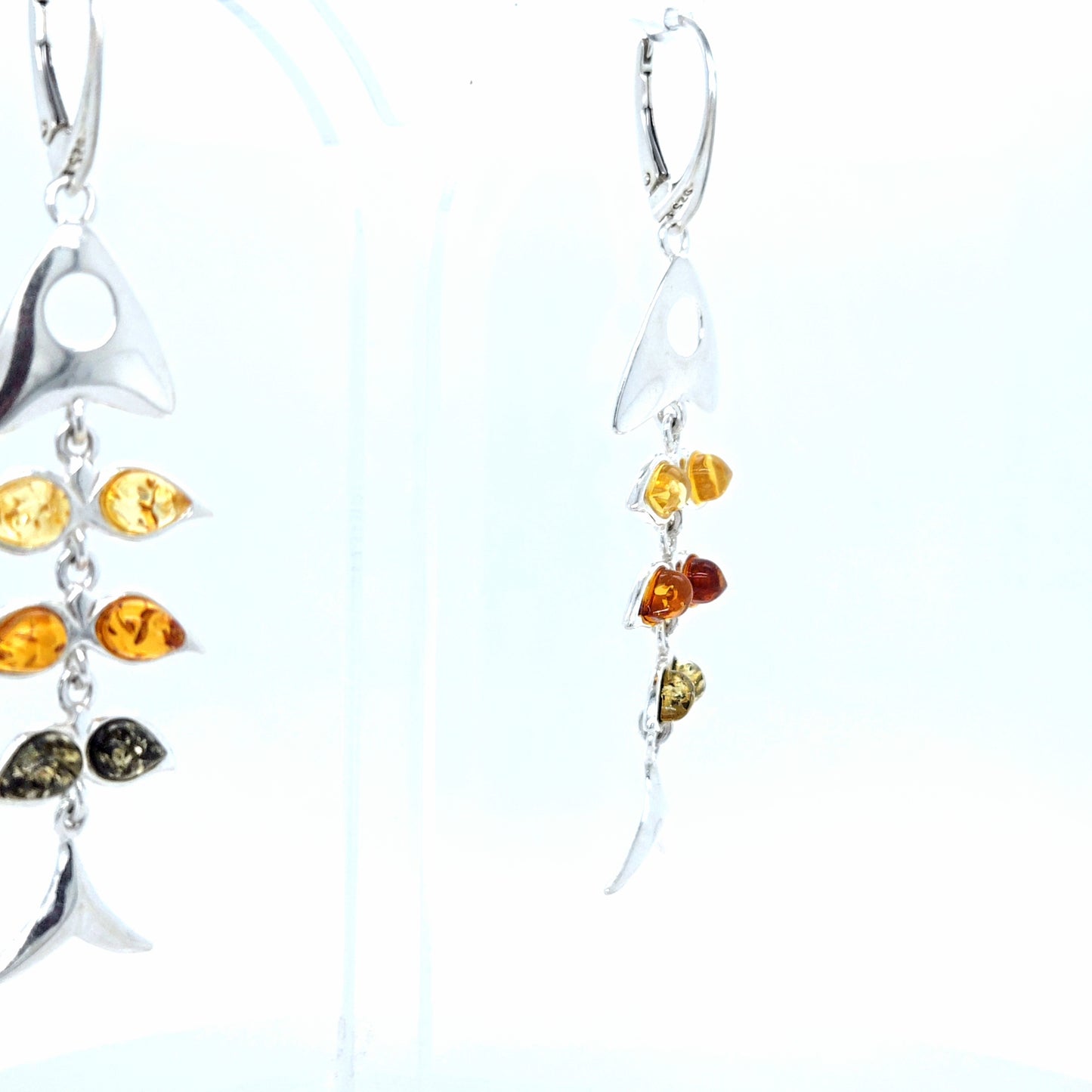Moderne Statement Ohrringe Silber 925 mit Naturbernstein Fisch-Motiv