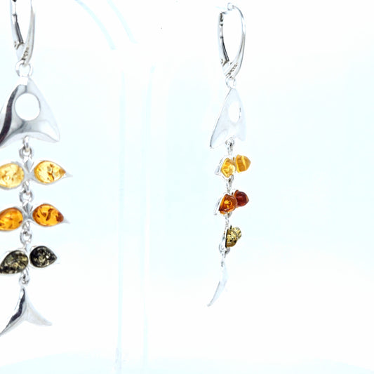 Moderne Statement Ohrringe Silber 925 mit Naturbernstein Fisch-Motiv