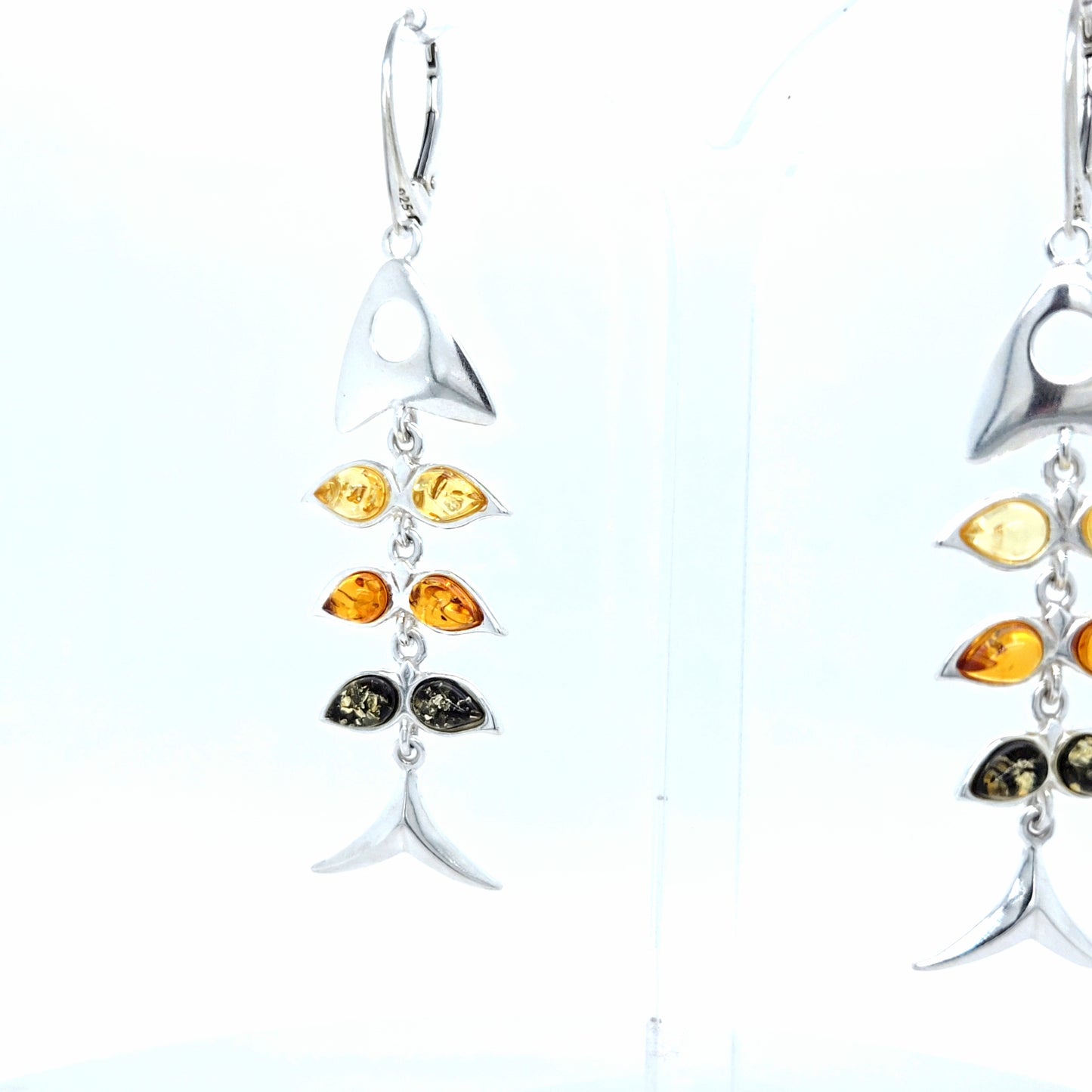 Moderne Statement Ohrringe Silber 925 mit Naturbernstein Fisch-Motiv