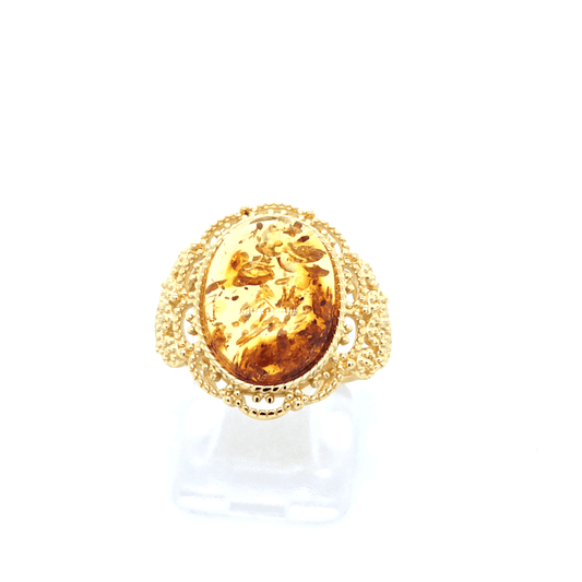 Schicker Bernsteinring im Vintage-Stil – 24k vergoldet & verstellbar