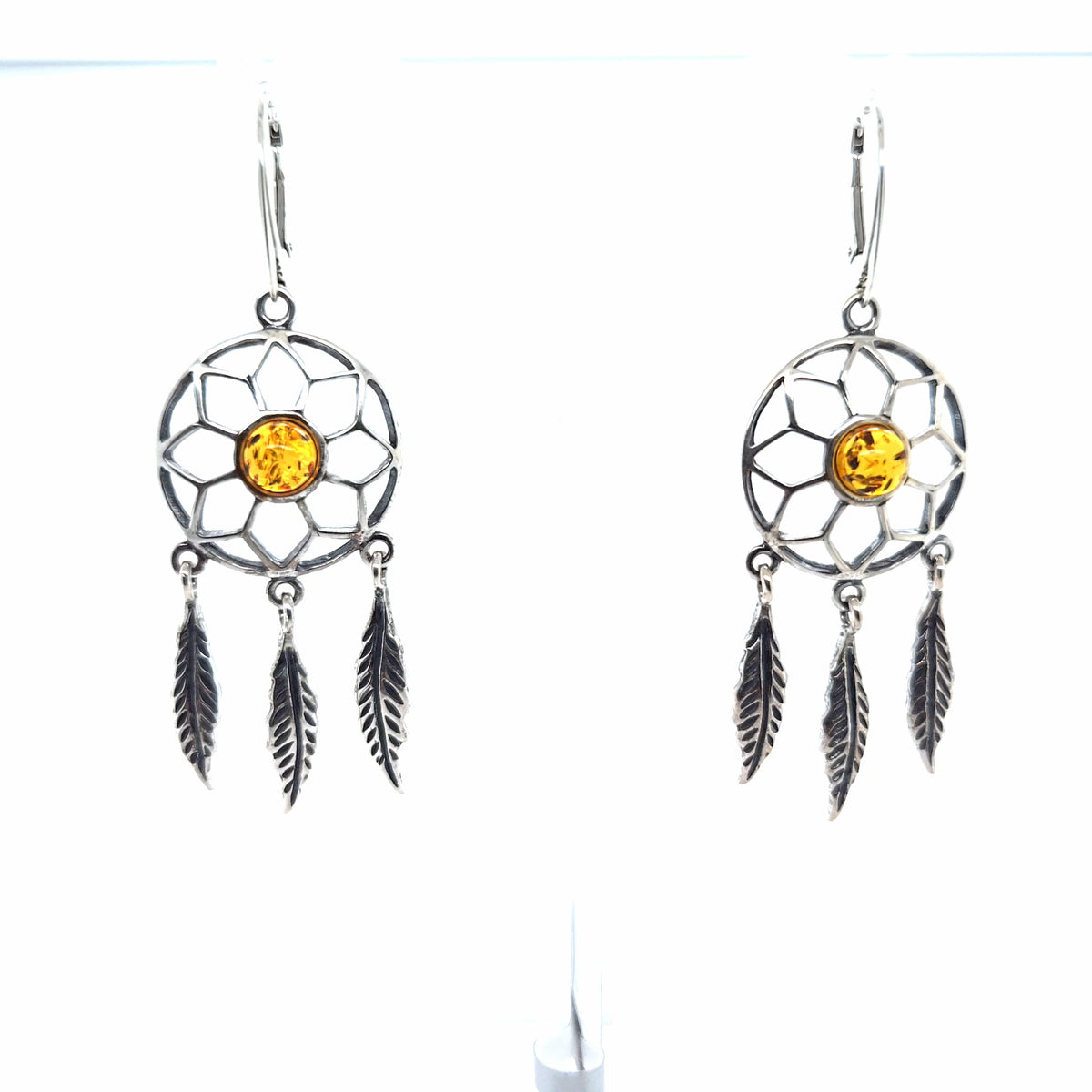 Silber-Ohrhänger "Traumfänger" Unikat – Boho-Ohrschmuck mit echtem Bernstein und 925er Sterlingsilber