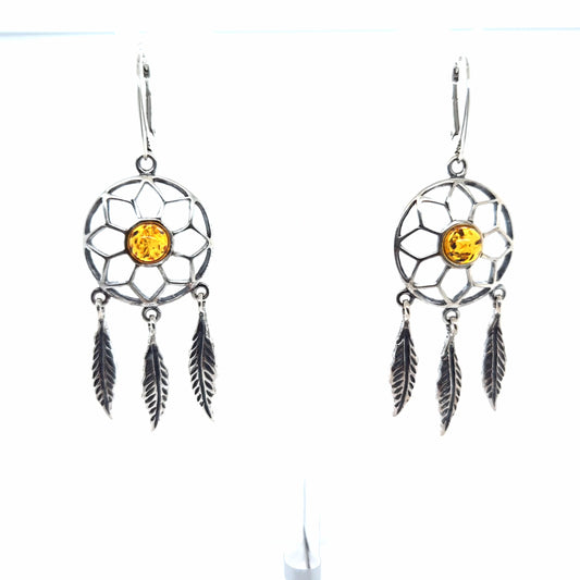 Silber-Ohrhänger "Traumfänger" Unikat – Boho-Ohrschmuck mit echtem Bernstein und 925er Sterlingsilber