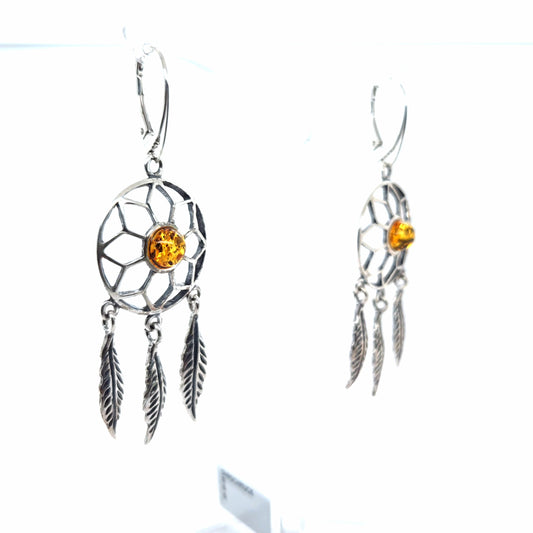 Silber-Ohrhänger "Traumfänger" Unikat – Boho-Ohrschmuck mit echtem Bernstein und 925er Sterlingsilber