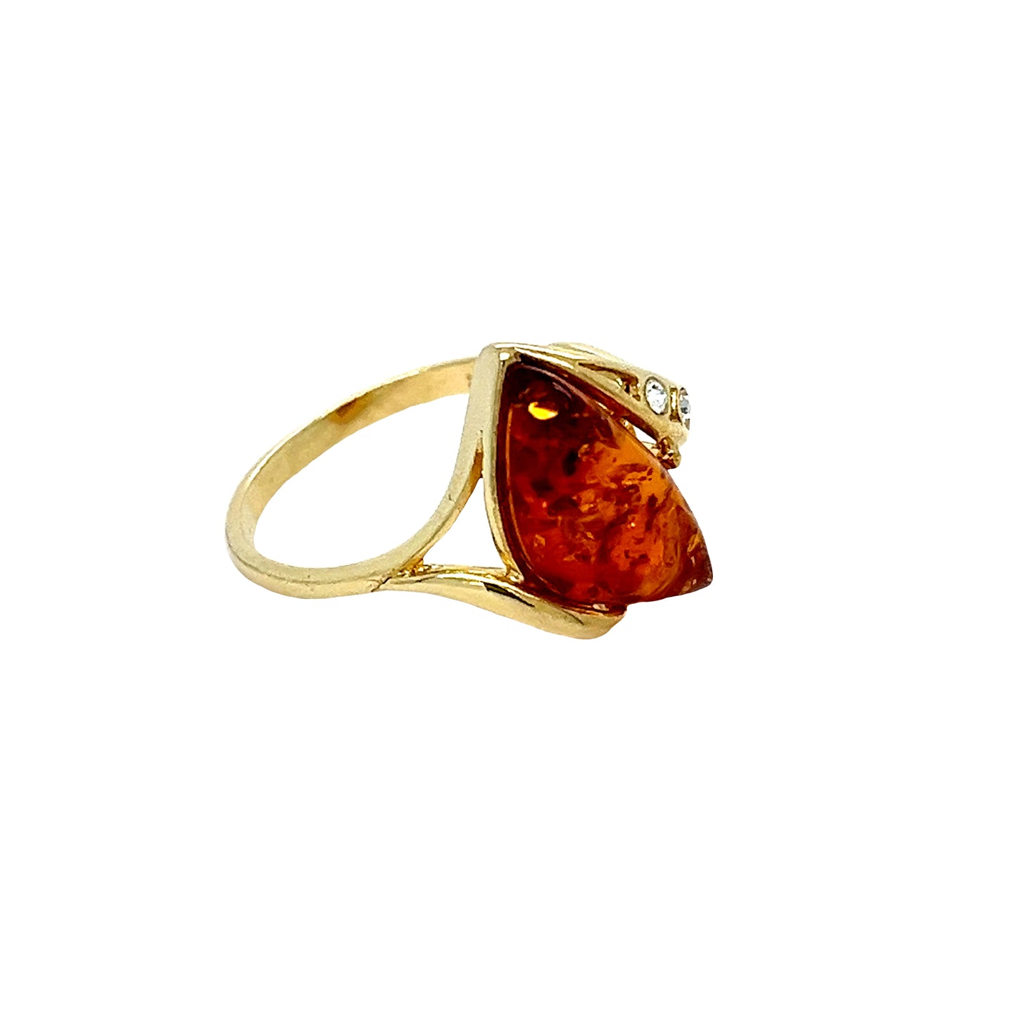 Elegant ladies' ring with large amber stone – 925 sterling silver, gold-plated