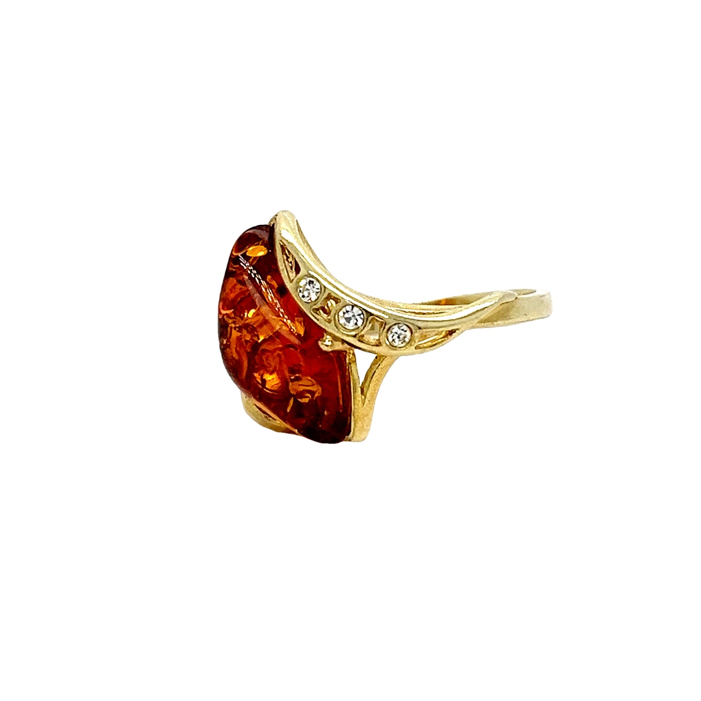 Elegant ladies' ring with large amber stone – 925 sterling silver, gold-plated