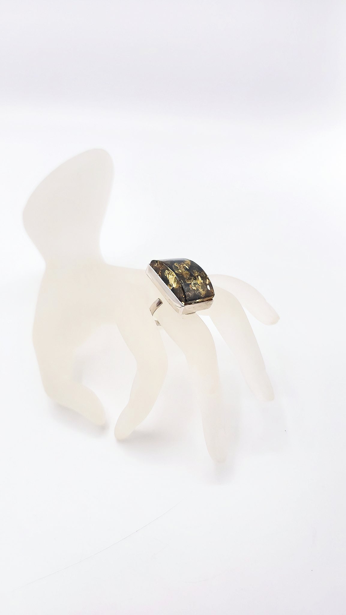 Adjustable silver ring with green amber – Handmade design