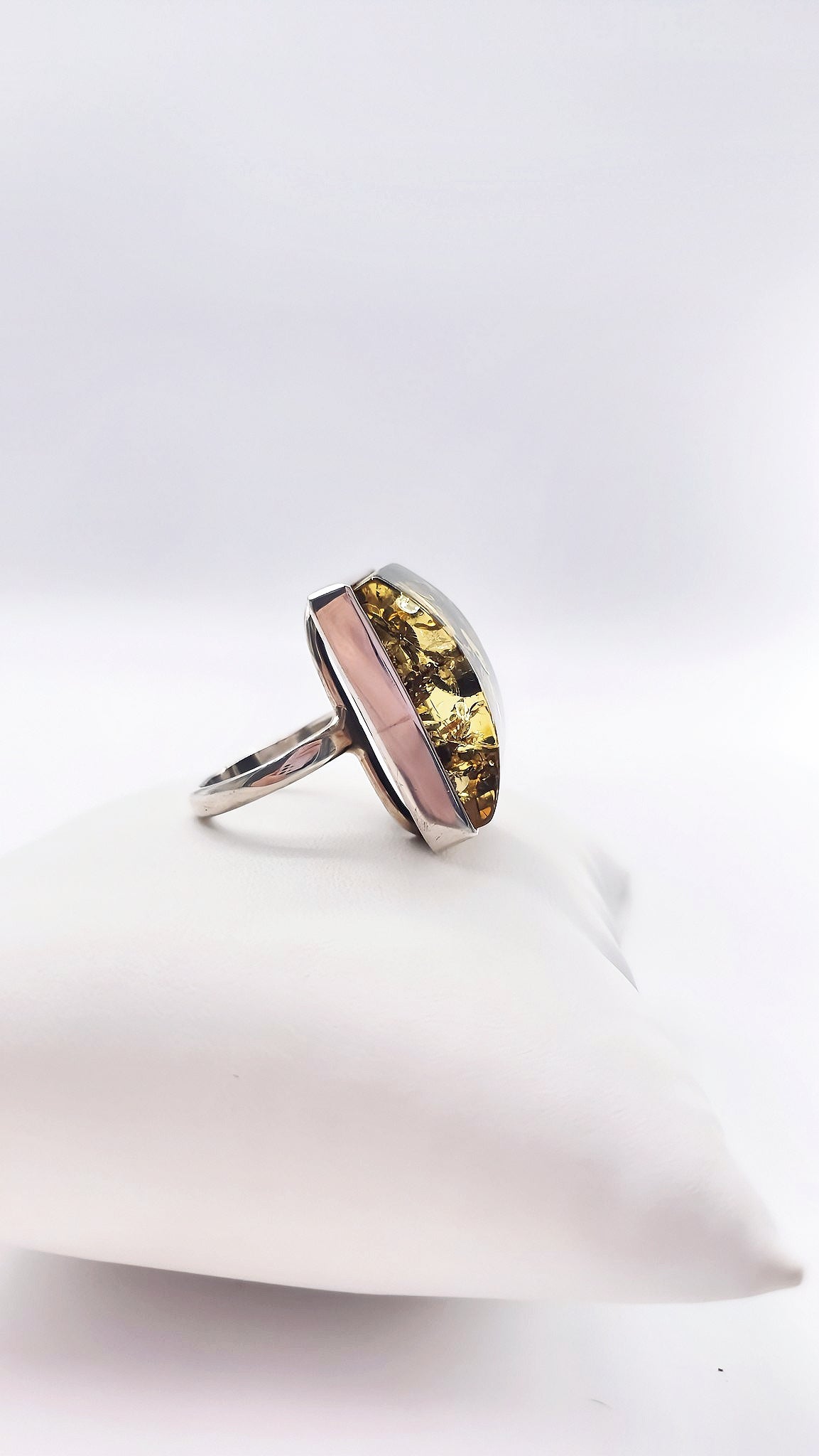 Adjustable silver ring with green amber – Handmade design