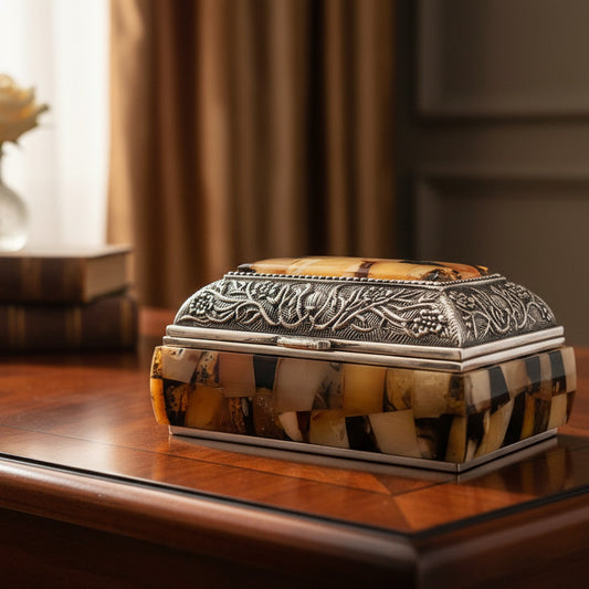 Aufbewahrungsbox mit Bernstein und Stofffutter