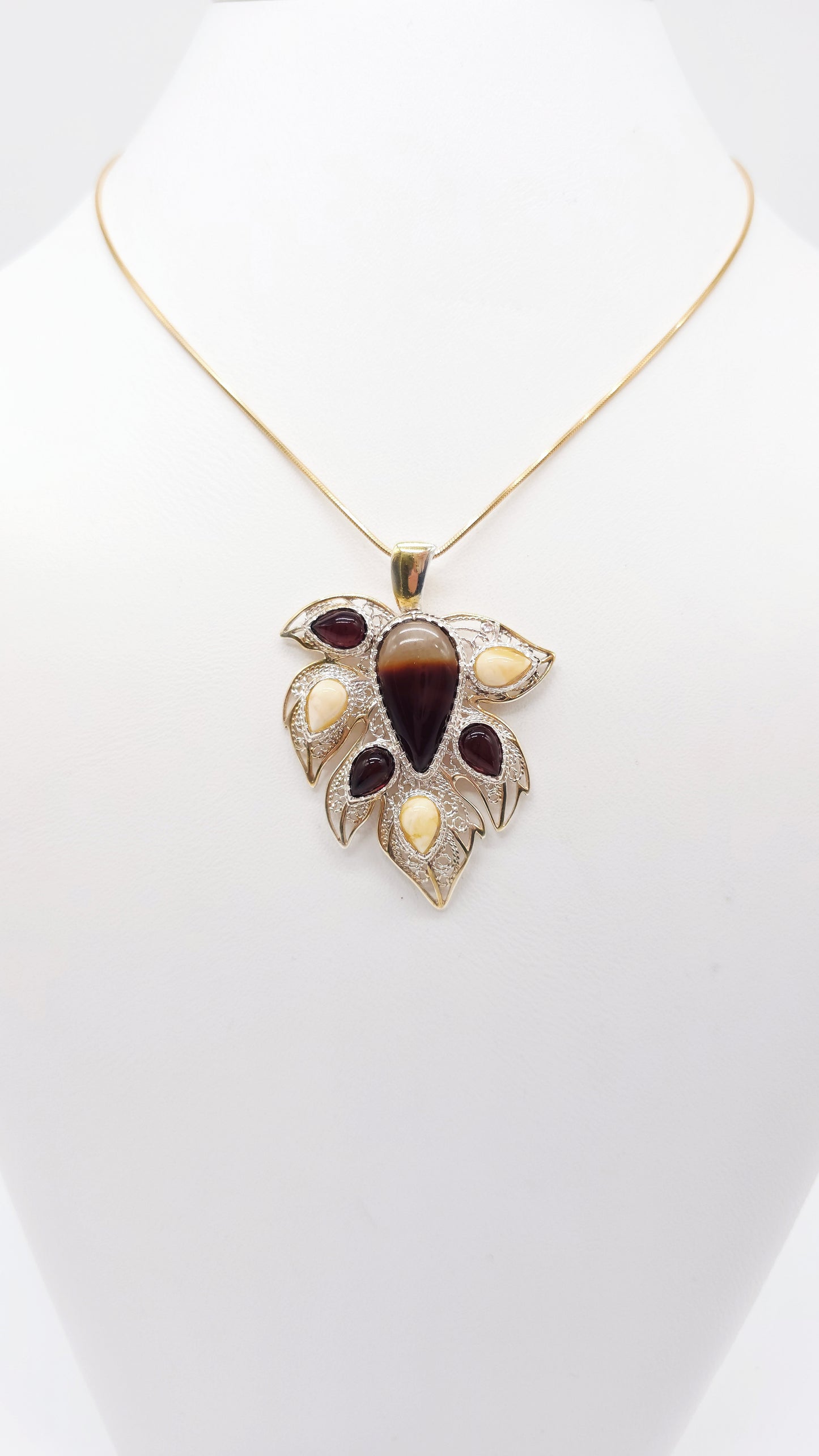 Unique jewelry leaf with genuine amber &amp; silver